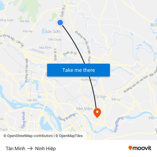 Tân Minh to Ninh Hiệp map