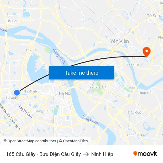 165 Cầu Giấy - Bưu Điện Cầu Giấy to Ninh Hiệp map