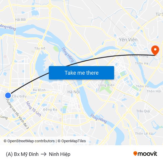 (A) Bx Mỹ Đình to Ninh Hiệp map