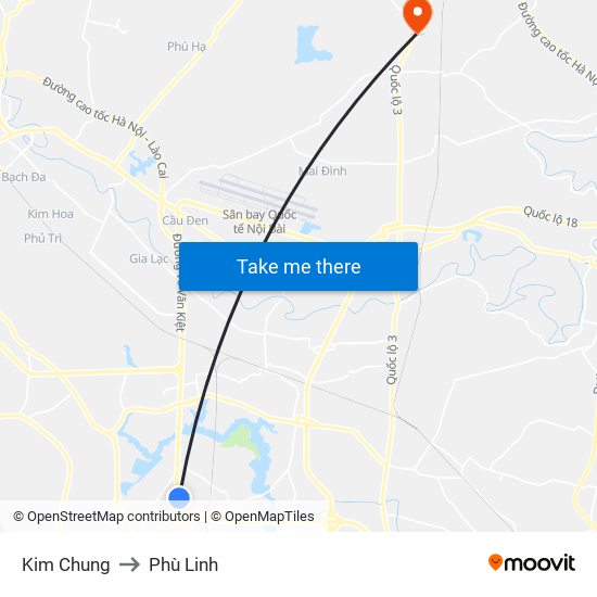 Kim Chung to Phù Linh map