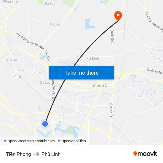 Tiền Phong to Phù Linh map