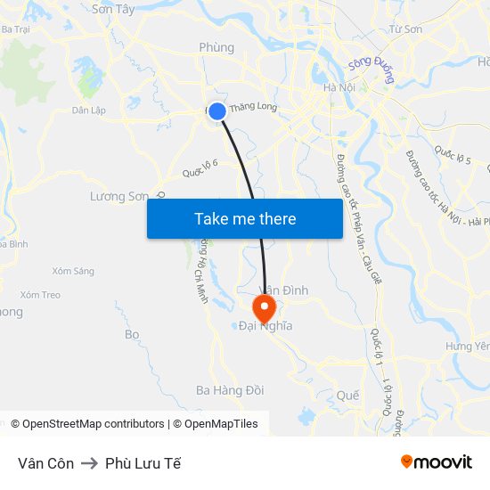 Vân Côn to Phù Lưu Tế map