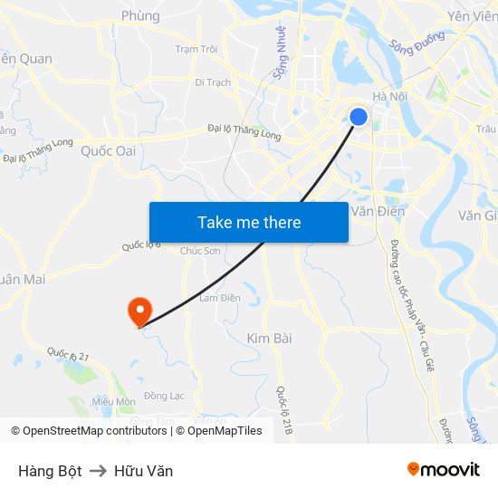 Hàng Bột to Hữu Văn map