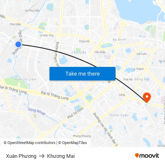 Xuân Phương to Khương Mai map