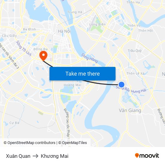 Xuân Quan to Khương Mai map