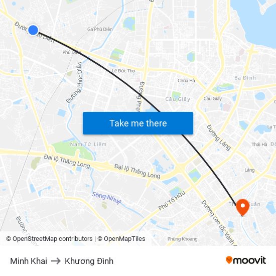 Minh Khai to Khương Đình map