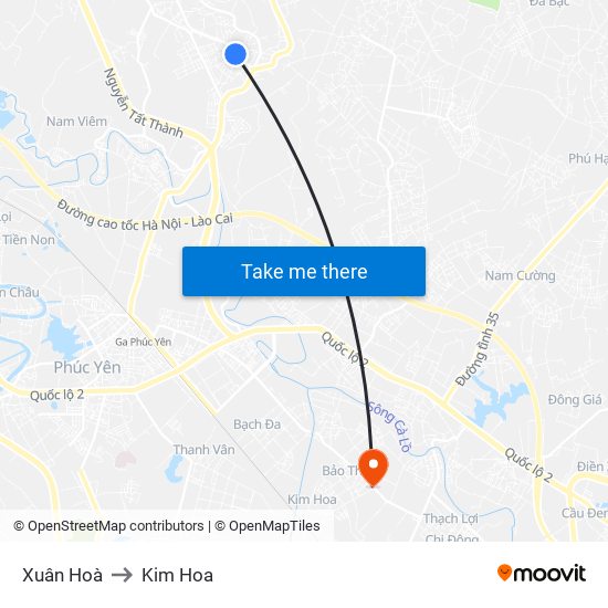 Xuân Hoà to Kim Hoa map