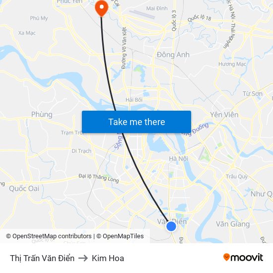 Thị Trấn Văn Điển to Kim Hoa map