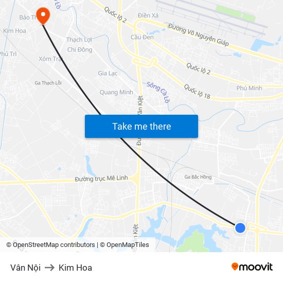 Vân Nội to Kim Hoa map