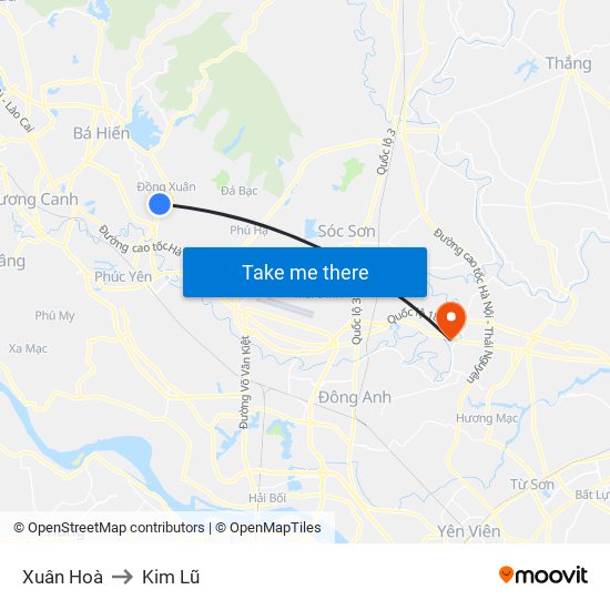 Xuân Hoà to Kim Lũ map