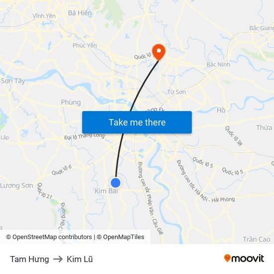 Tam Hưng to Kim Lũ map