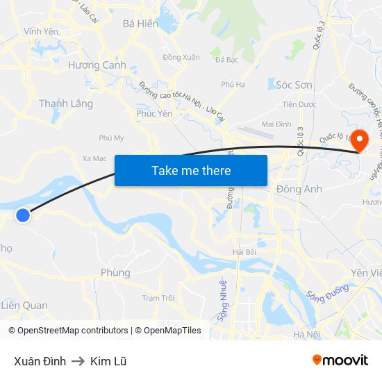 Xuân Đình to Kim Lũ map