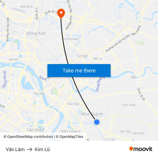 Văn Lâm to Kim Lũ map