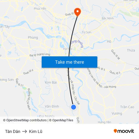 Tân Dân to Kim Lũ map