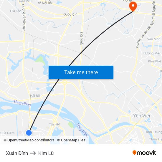 Xuân Đỉnh to Kim Lũ map