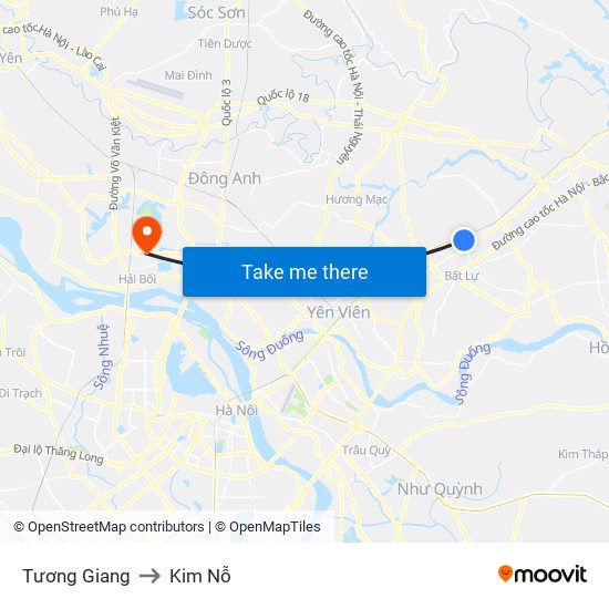 Tương Giang to Kim Nỗ map