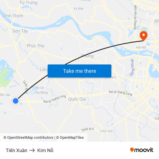 Tiến Xuân to Kim Nỗ map