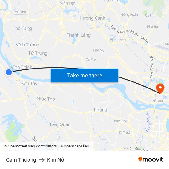 Cam Thượng to Kim Nỗ map