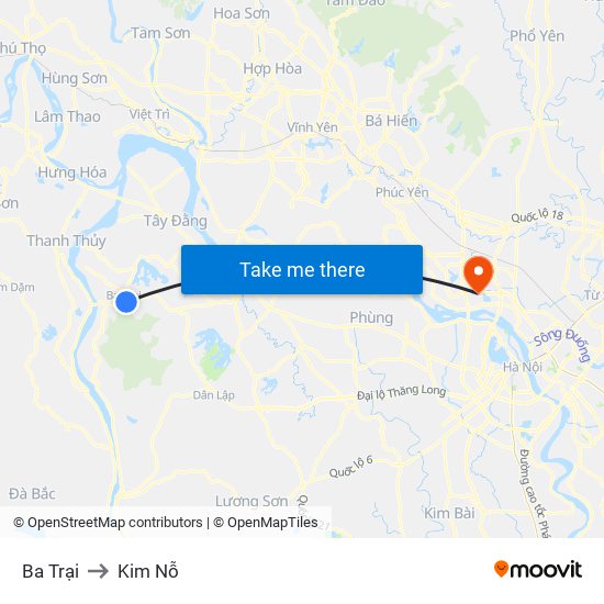 Ba Trại to Kim Nỗ map