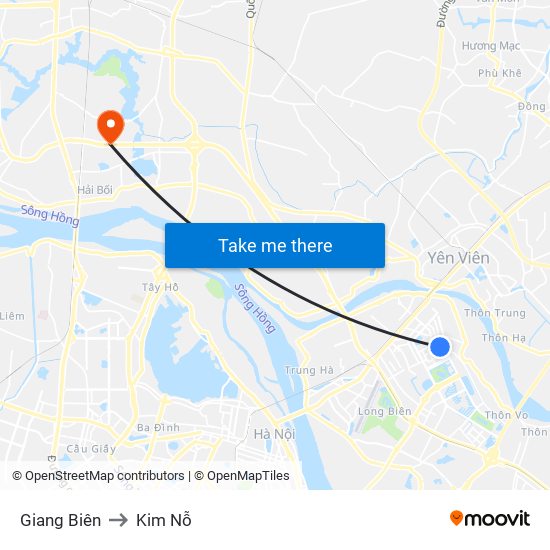 Giang Biên to Kim Nỗ map