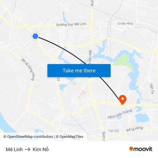 Mê Linh to Kim Nỗ map