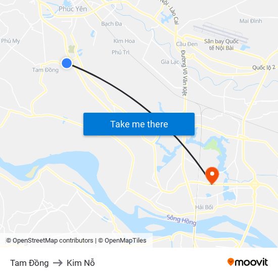 Tam Đồng to Kim Nỗ map