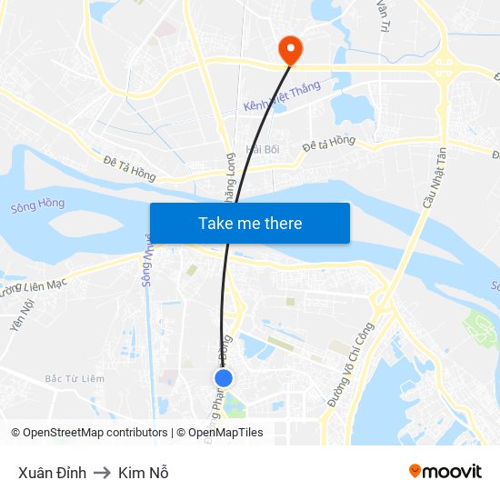 Xuân Đỉnh to Kim Nỗ map