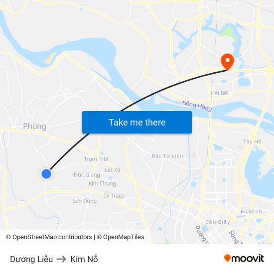 Dương Liễu to Kim Nỗ map