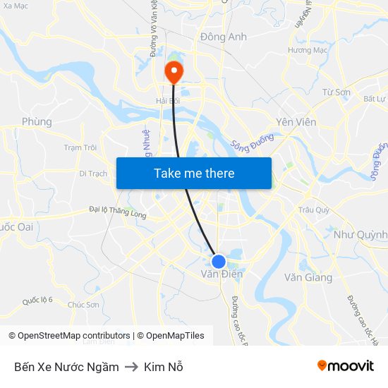 Bến Xe Nước Ngầm to Kim Nỗ map