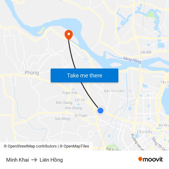 Minh Khai to Liên Hồng map