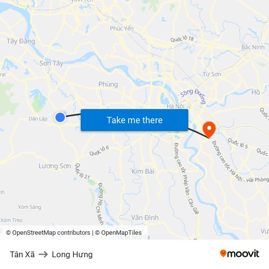 Tân Xã to Long Hưng map