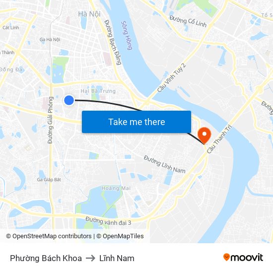 Phường Bách Khoa to Lĩnh Nam map