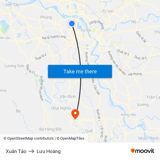 Xuân Tảo to Lưu Hoàng map