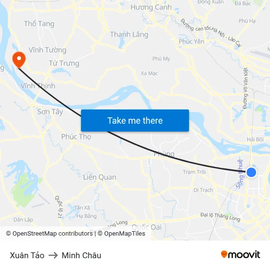Xuân Tảo to Minh Châu map