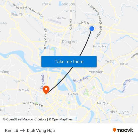 Kim Lũ to Dịch Vọng Hậu map