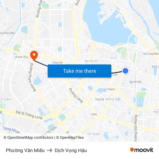 Phường Văn Miếu to Dịch Vọng Hậu map