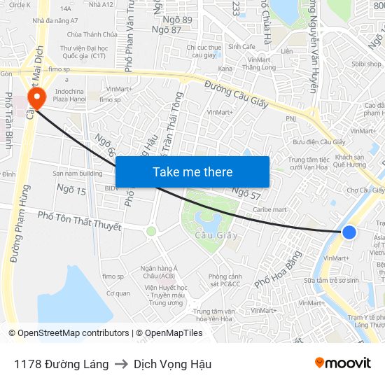 1178 Đường Láng to Dịch Vọng Hậu map