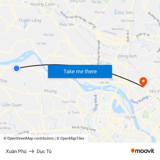 Xuân Phú to Dục Tú map