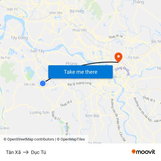 Tân Xã to Dục Tú map