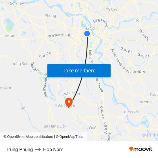 Trung Phụng to Hòa Nam map