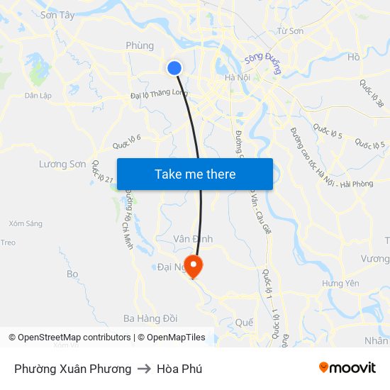 Phường Xuân Phương to Hòa Phú map