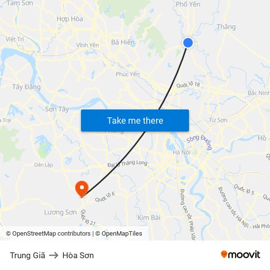 Trung Giã to Hòa Sơn map