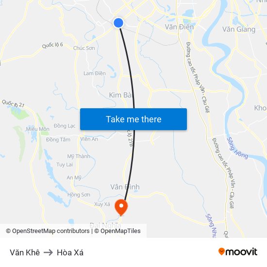 Văn Khê to Hòa Xá map