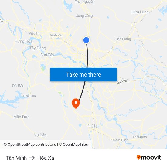 Tân Minh to Hòa Xá map