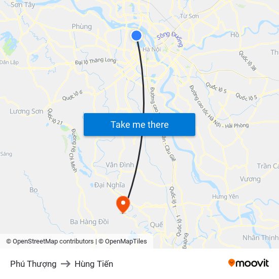 Phú Thượng to Hùng Tiến map