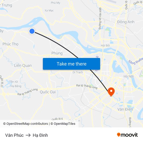 Vân Phúc to Hạ Đình map