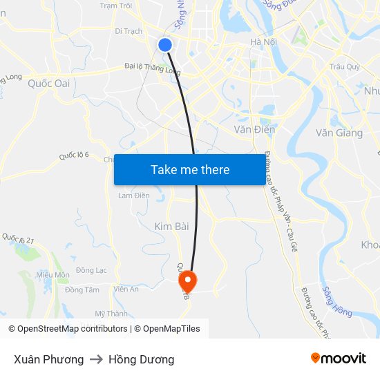 Xuân Phương to Hồng Dương map