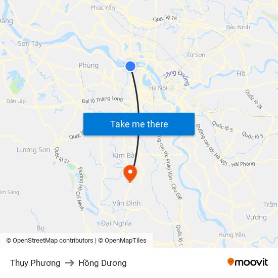 Thụy Phương to Hồng Dương map