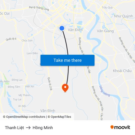 Thanh Liệt to Hồng Minh map