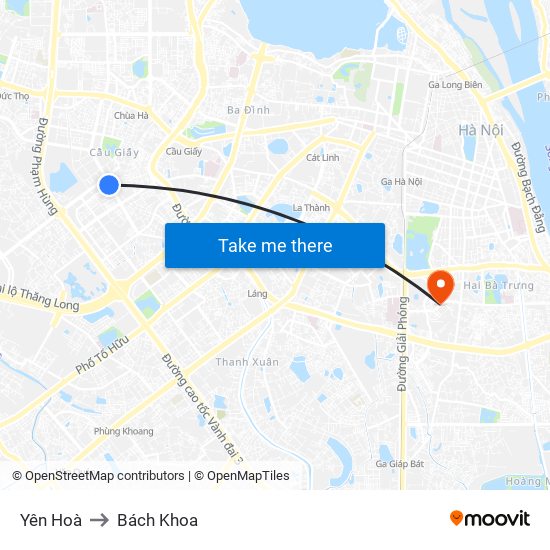 Yên Hoà to Bách Khoa map